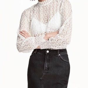 H&M White Eyelet Lace High-Neck Blouse